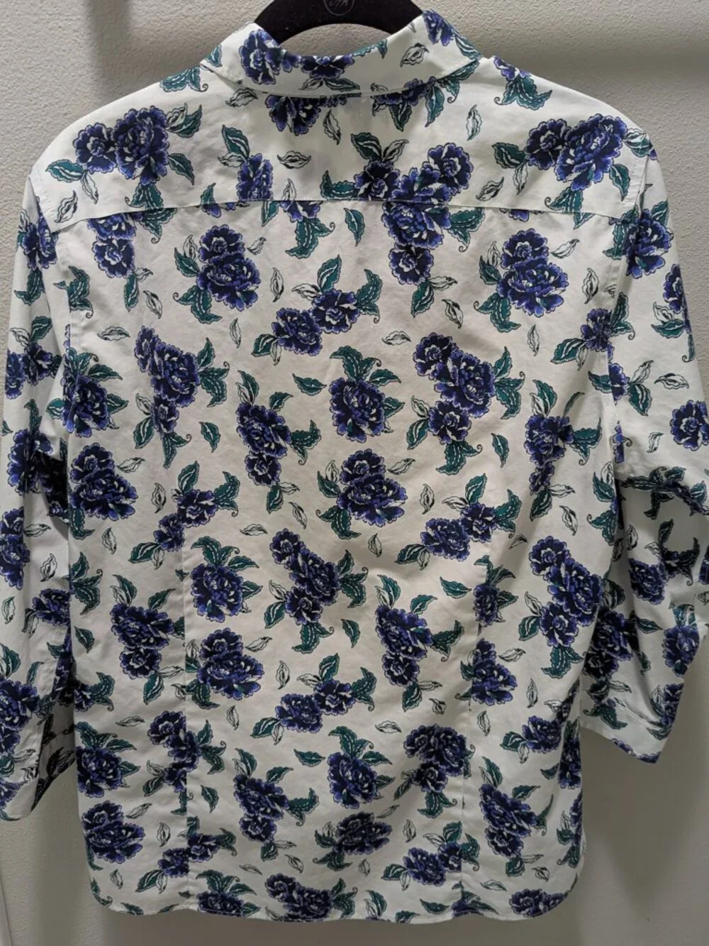 Lands' End Women's 3/4 Sleeve Blue/White Floral Blouse NO IRON Supima Size 12